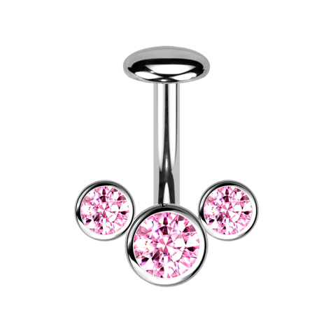 Threadless Labret-Stab Banane silber front drei Kristalle pink