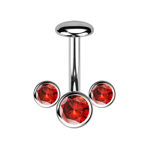 Barretta labret senza filettatura banana argento fronte tre cristalli rossi