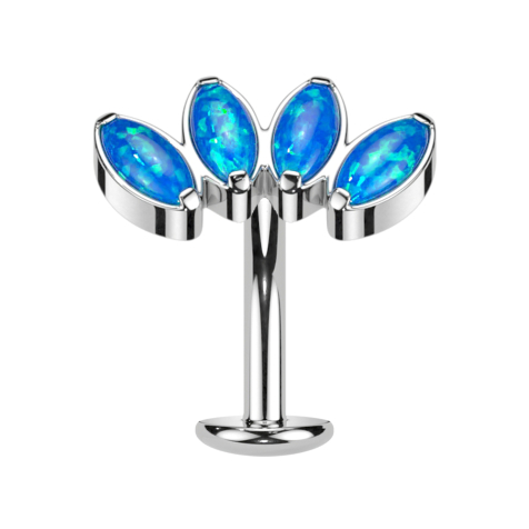 Threadless labret bar banana silver fan with four blue opals