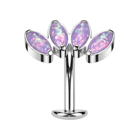 Threadless labret bar banana silver fan with four opals violet
