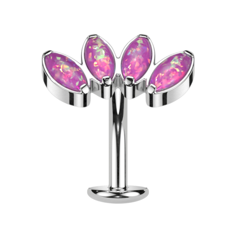 Barra labret senza filettatura banana argento ventaglio con quattro opali rosa