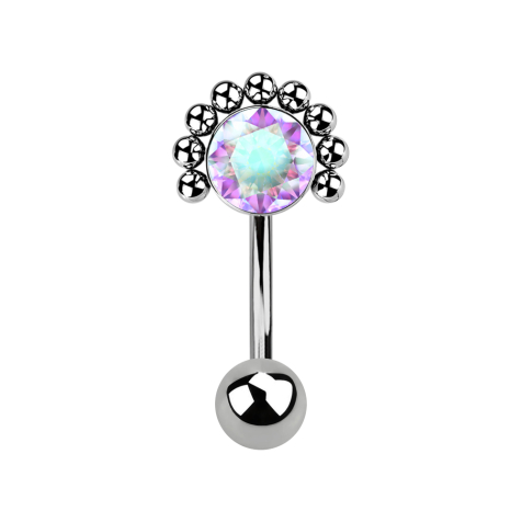 Micro Threadless Banane argent avec boule et demi-fleur boule avant cristal multicolore