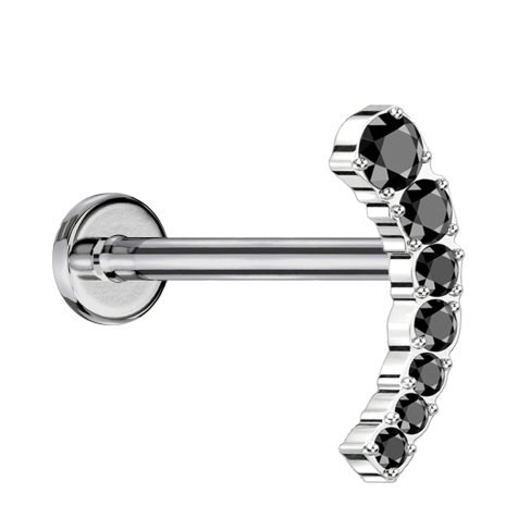 Micro Threadless Labret silver curved seven descending crystals black