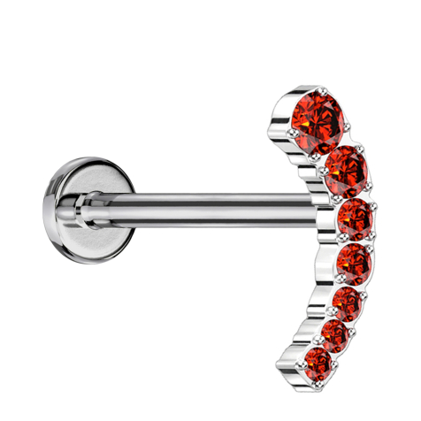 Micro Threadless Labret silber gebogen sieben absteigende Kristalle rot