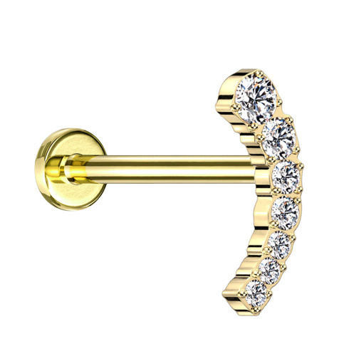 Micro Threadless Labret placcato oro curvo sette cristalli discendenti argento