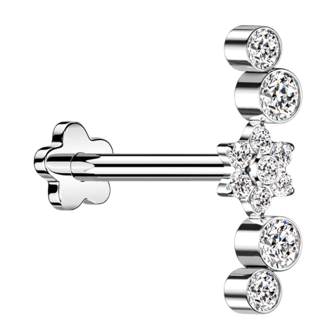 Micro labret sans filetage fleur argentée Fleur cristaux argentés quatre cristaux