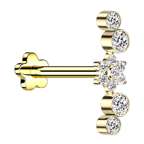 Micro labret sans filetage fleur plaqué or fleur cristaux argent quatre cristaux