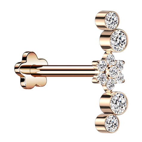 Micro Labret senza filettatura Fiore oro rosa Fiore cristalli argento quattro cristalli