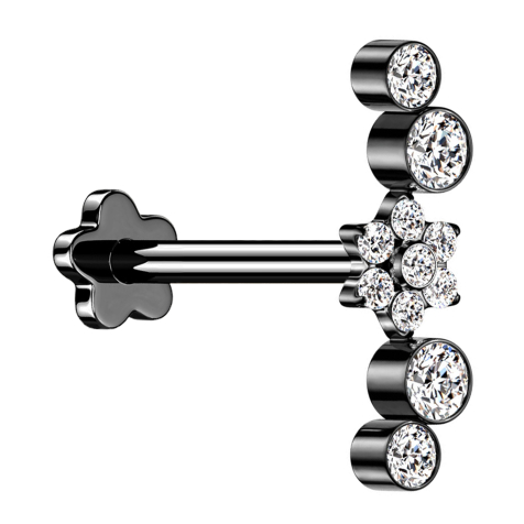 Micro Labret senza filettatura Fiore nero Fiore cristalli argento quattro cristalli