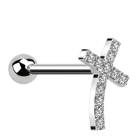 Micro barbell silver with ball curved cross with crystals