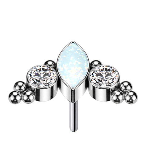 Threadless Ovaler Opal weiss multicolor und zwei Kristalle silber