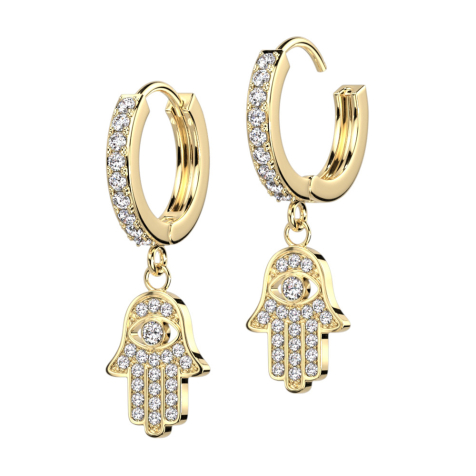 Boucle doreille à clapet doré cristaux argent pendentif Hamsa