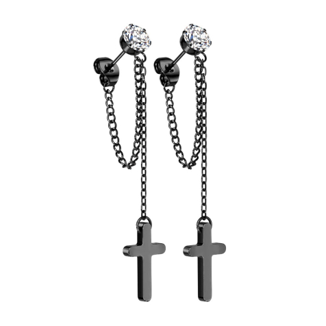 Boucles doreilles noires avec cristal rond argenté Pendentif chaîne avec croix