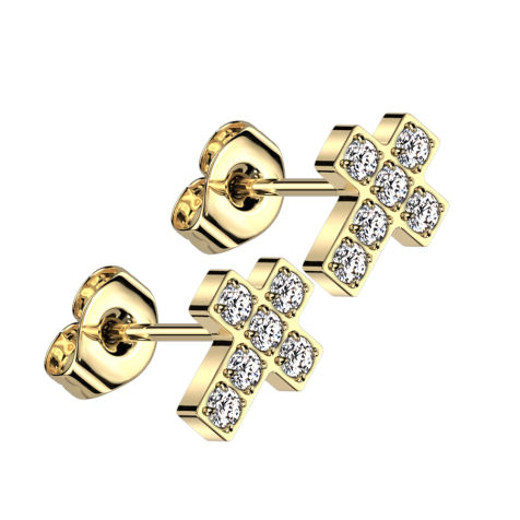 Orecchini a bottone senza filetto placcati oro con cristalli a forma di croce argento