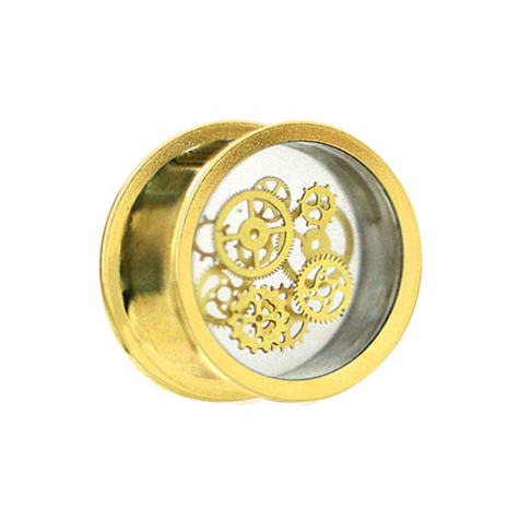 Flesh Plug vergoldet Steampunk Zahnräder Epoxy transparent