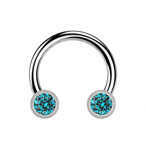 Micro threadless circular barbell in silver with two cylinders in silver and aqua crystal front