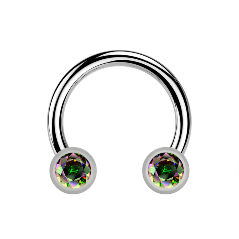 Micro Threadless Circular Barbell argento con due cilindri argento frontale cristallo scuro multicolore
