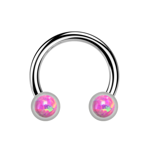 Micro threadless circular barbell, silver with two cylinders, silver front, opal pink