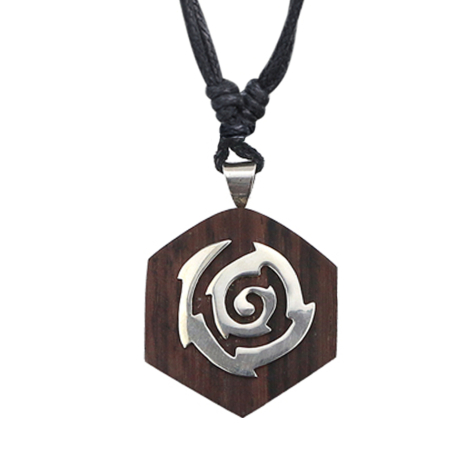 Necklace black pendant hexagon tribal swirl made of Narra wood