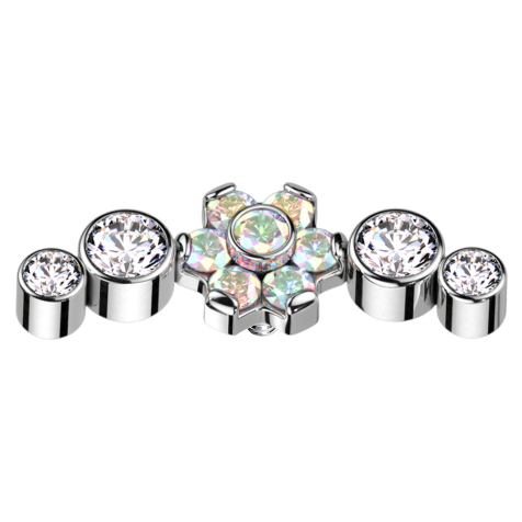 Ancrage cutané argenté, motif fleur, cristaux multicolores sertis, quatre cristaux argentés