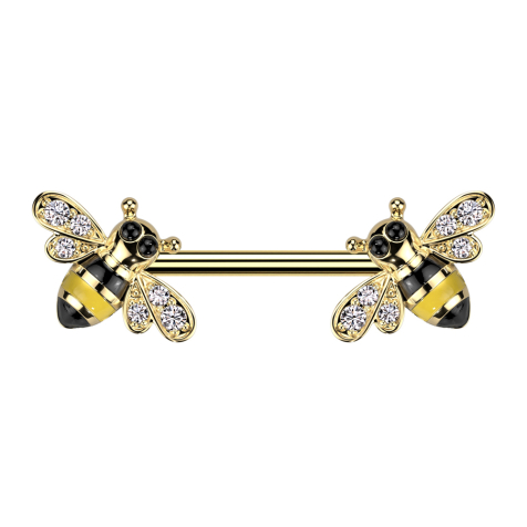 Barbell plaqué or abeille cristaux argent