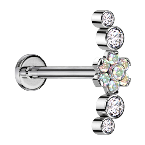 Micro Labret filetage intérieur argent fleur cristaux multicolores sertis quatre cristaux argent