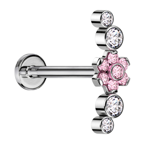 Micro Labret Internal Thread Silver Flower Crystals Pink Set Four Crystals Silver