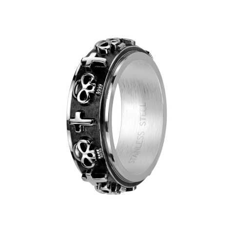 Ring silber mitte schwarz mit Totenköpfe und Kreuze