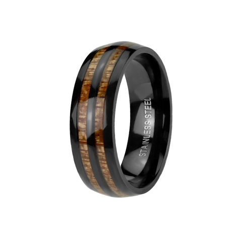 Anello nero con due strisce di legno