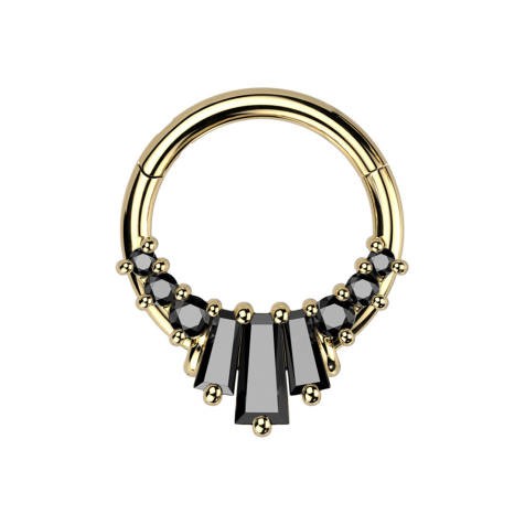 Micro Segmentring klappbar vergoldet sechs runde und drei Baguette Kristalle schwarz