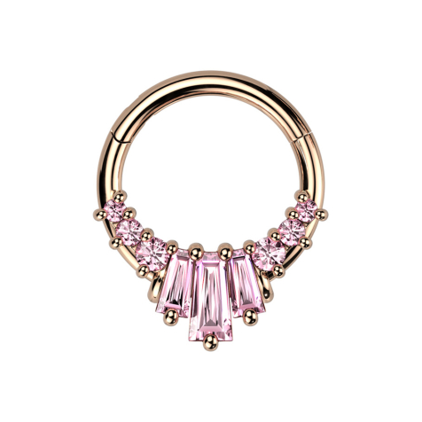 Micro segment ring hinged rose gold six round and three Baquette crystals pink
