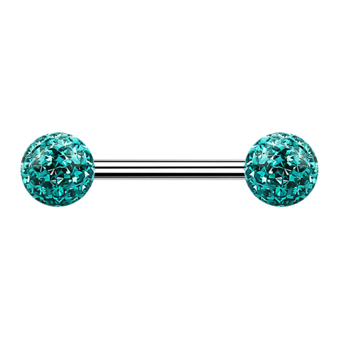 Barbell silver with two crystal balls turquoise epoxy protective coating