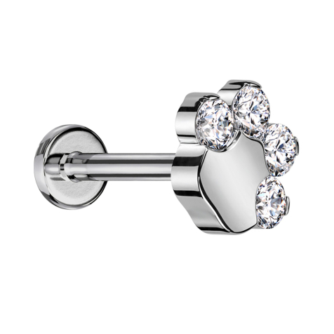 Micro Labret Innengewinde silber Pfote mit Kristallen silber