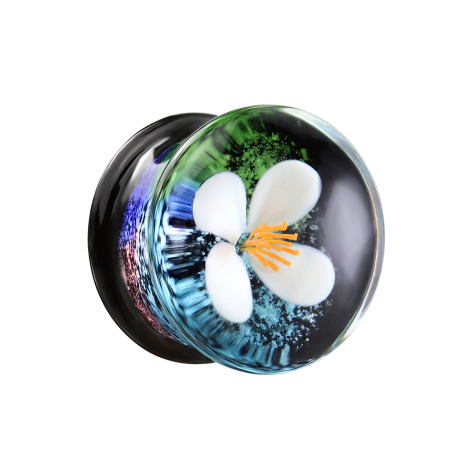 Flared plug made of glass white flower