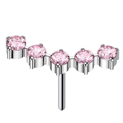 Threadless curvo argento cinque cristalli rotondi rosa