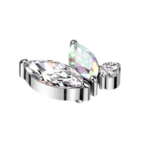 Ancrage dermique argenté deux cristaux ovales argentés et multicolores un cristal rond argenté