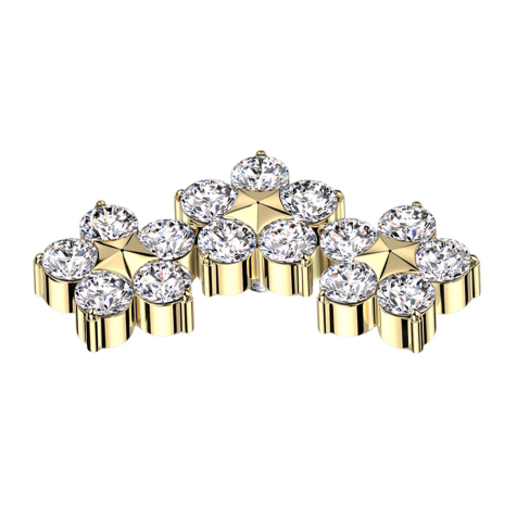 Ancoraggio cutaneo placcato oro con tre fiori e cristalli a forma di stella color argento