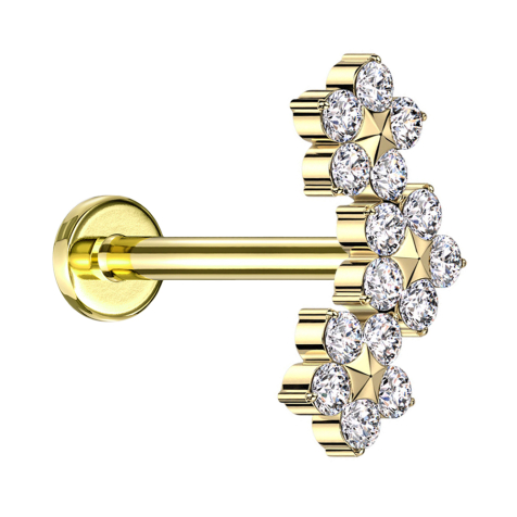 Micro Labret Innengewinde vergoldet drei Blumen mit Stern Kristalle silber