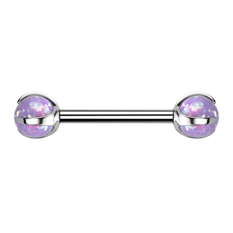 Barbell with internal thread, silver, with two opal violet balls set
