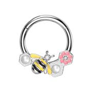 Micro segment ring hinged silver bee and flowers