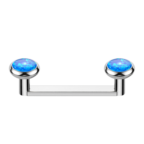 Surface barbell, flat, internal thread, silver with two silver opal blue discs