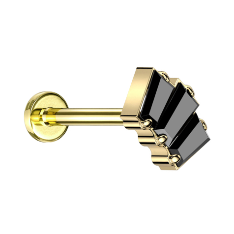 Micro Threadless Labret gold-plated with three black baguette crystals