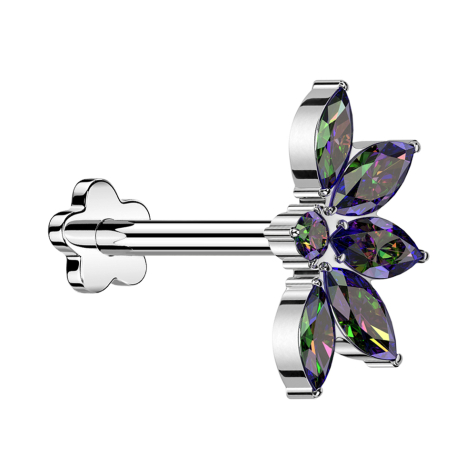 Micro Threadless Labret Fiore argento mezzo fiore di loto argento cristalli multicolore scuro