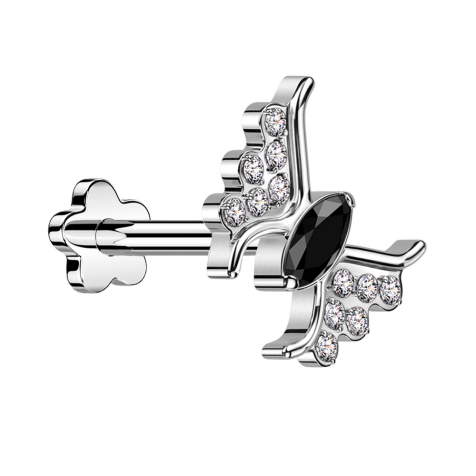 Micro Labret senza filettatura Fiore argento Farfalla argento Cristallo nero