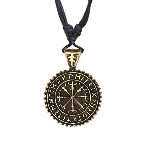 Halskette schwarz Anhänger vergoldet Wikinger Kompass Medaillon