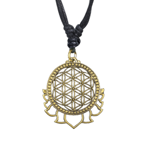 Necklace black pendant gold-plated flower of life