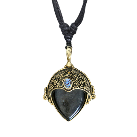 Halskette schwarz Anhänger vergoldet Helm mit Abalone und Onyx Stein