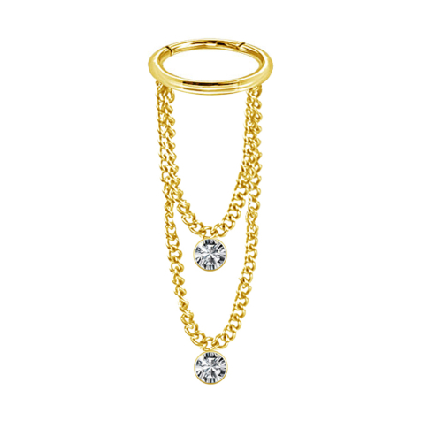 Anello micro segmento con cerniera pendente placcato oro orizzontale due catene due cristalli argento