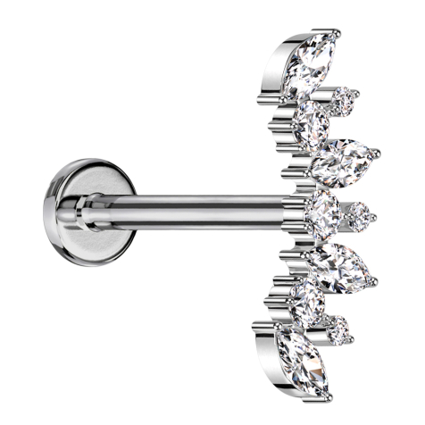 Micro Labret filettatura interna argento ventaglio argento quattro ovali e sei cristalli rotondi argento