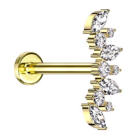 Micro Labret Innengewinde vergoldet Fächer vergoldet vier Ovale und sechs runde Kristalle silber